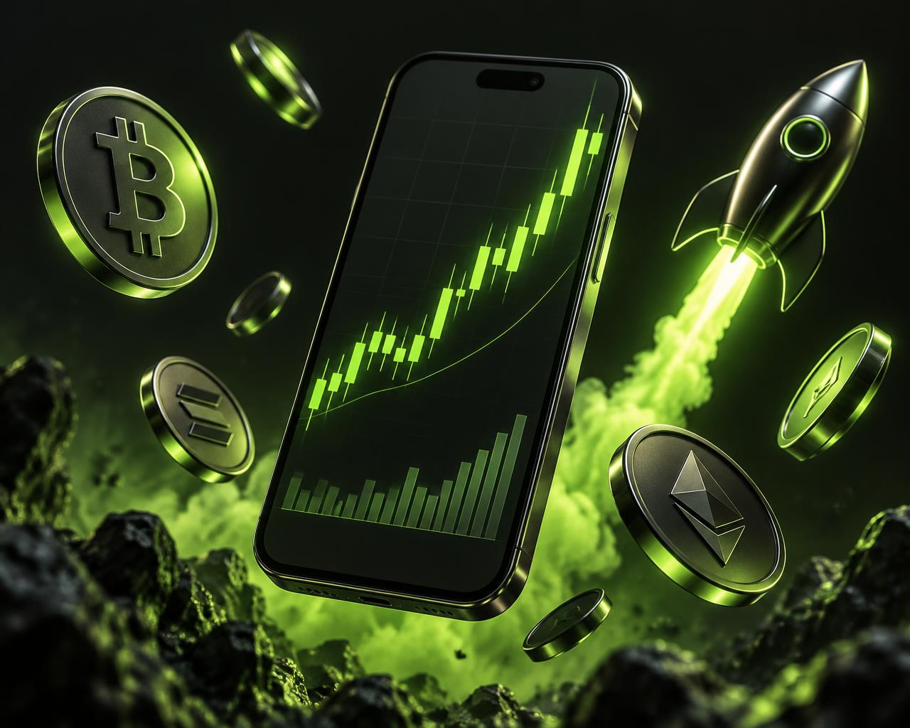 Phone showing a rising crypto chart with coins and a rocket